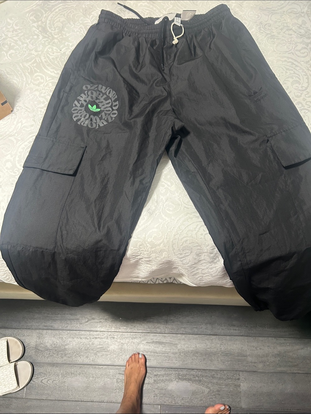 adidas Black Cargo Jogger Sweatpants with Green Trefoil Accent